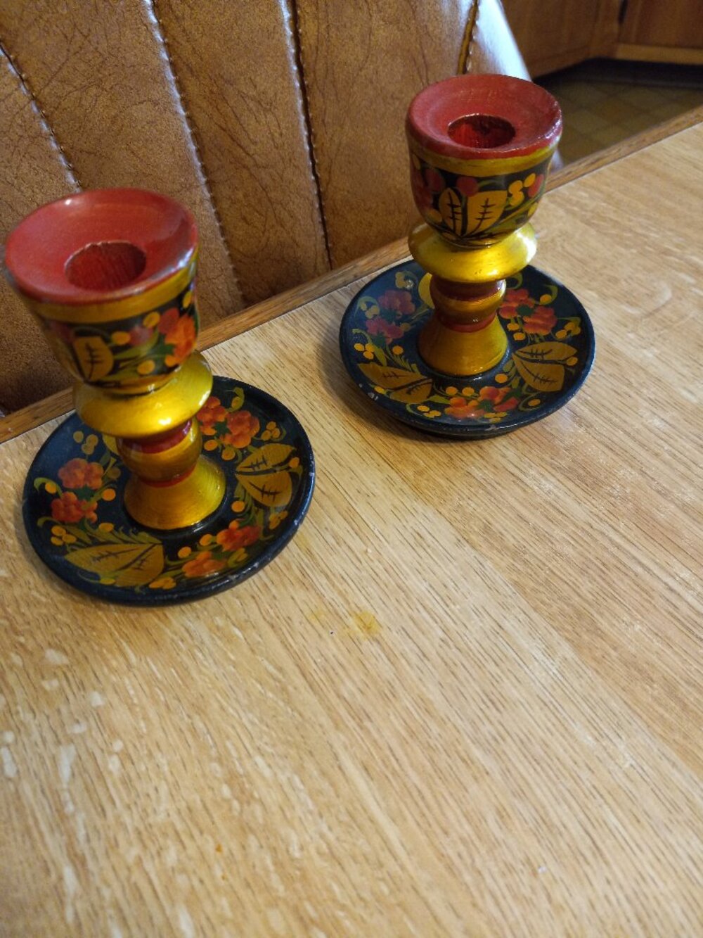 Russian Hand painted Floral Lacquer Wood Candlestick Candle Holders